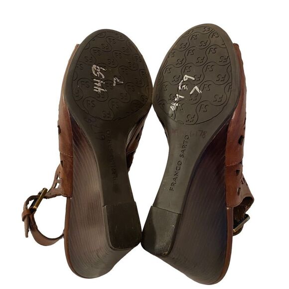 Franco Sarto Brown Leather Laser Cut Open Toe Wedges w/ Adjustable Ankle Strap - Picture 6 of 6